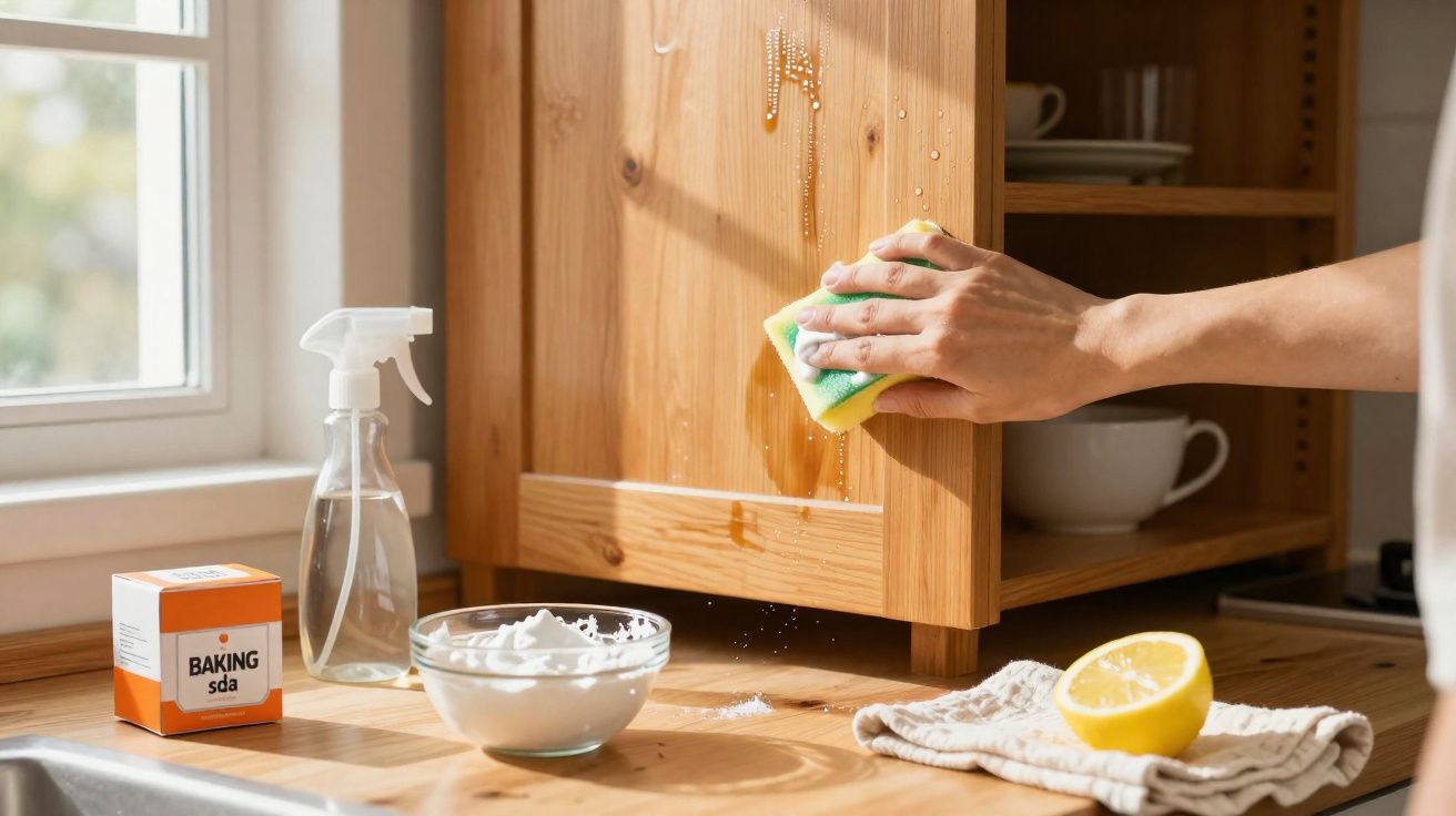 Mão a limpar porta de armário de cozinha em madeira com esponja e produtos naturais como bicarbonato e limão.