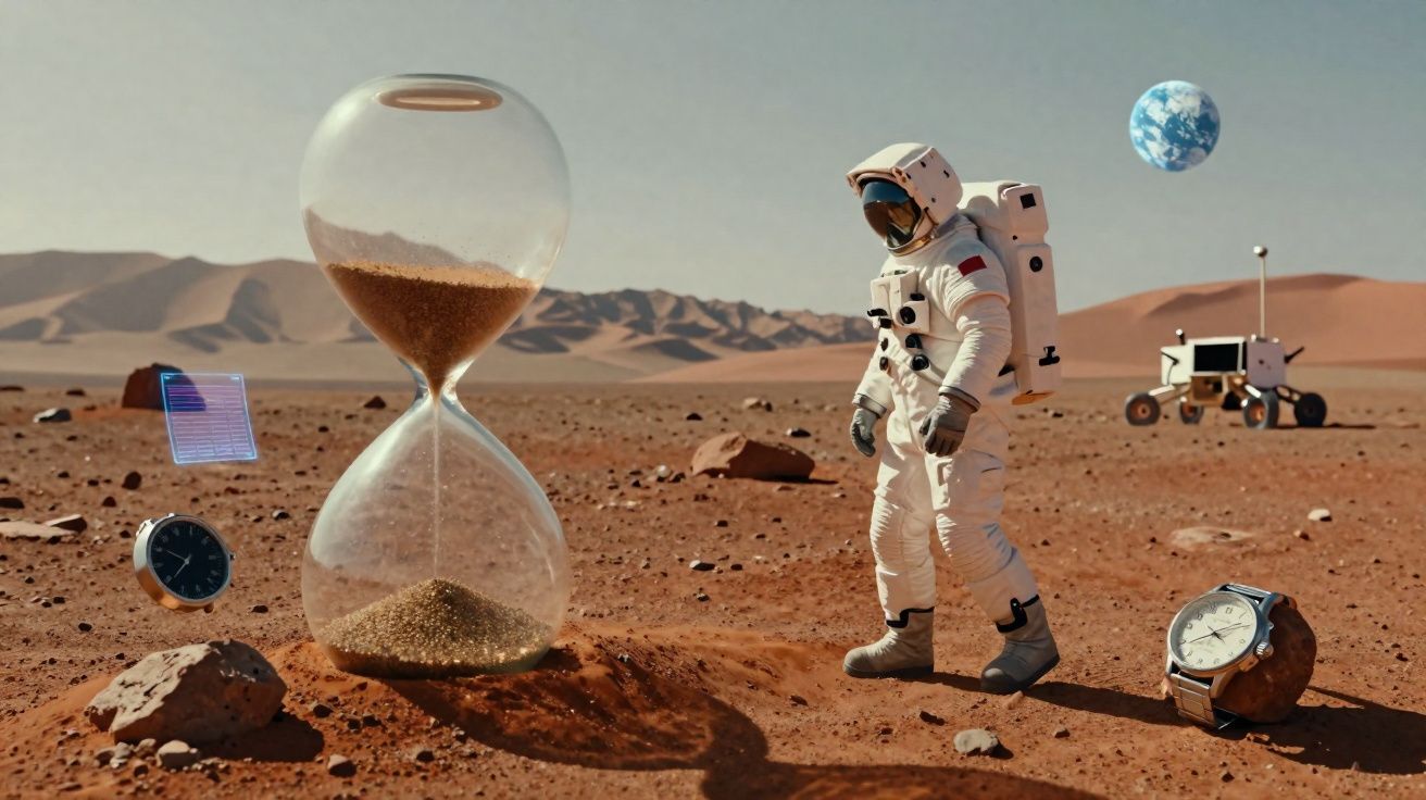 Astronauta em planeta árido observa ampulheta gigante com relógios e rover ao fundo.