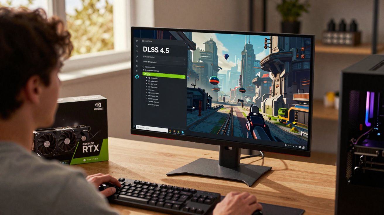 Pessoa a jogar videojogo num computador com placa gráfica NVIDIA GeForce RTX à vista na mesa.