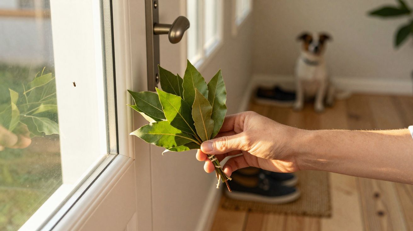 Mão segurando folhas de louro perto de uma porta de vidro com um cão ao fundo numa sala iluminada.