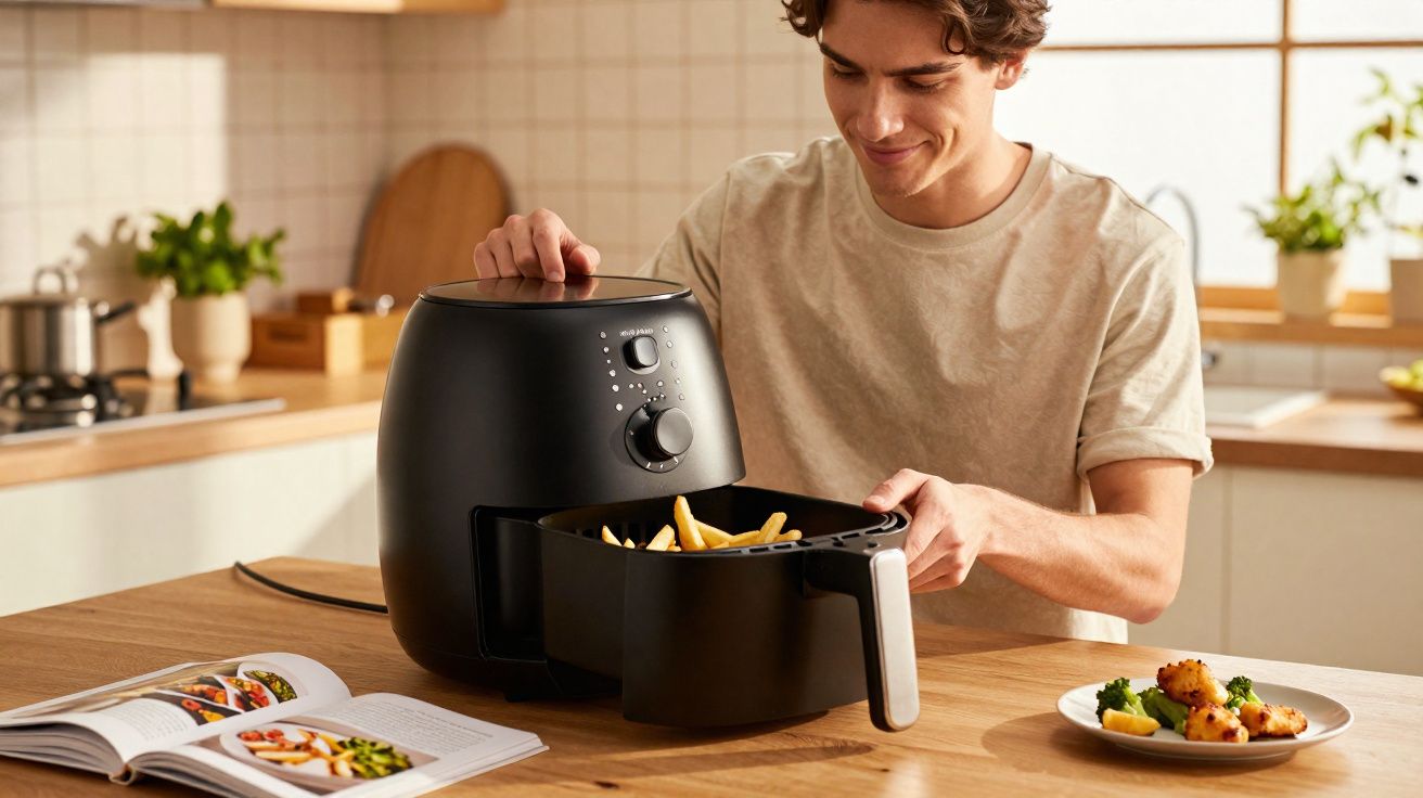Jovem a retirar batatas fritas de uma fritadeira elétrica sem óleo numa cozinha moderna.