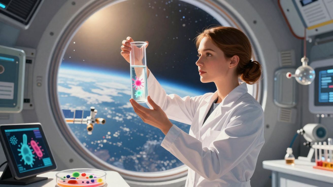 Cientista mulher a analisar vírus numa proveta dentro de laboratório espacial com vista para a Terra.