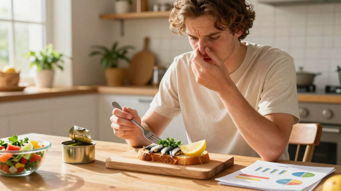 Homem na cozinha fazendo careta ao cheirar uma tosta com sardinhas e limão à sua frente.