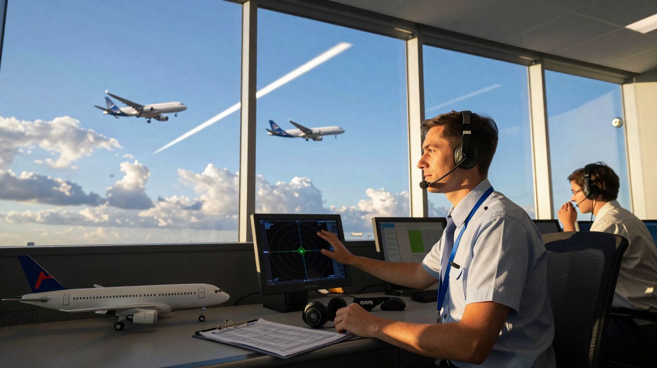 Controladores aéreos em torre supervisionam aviões a aterrar usando radar e comunicação por rádio.