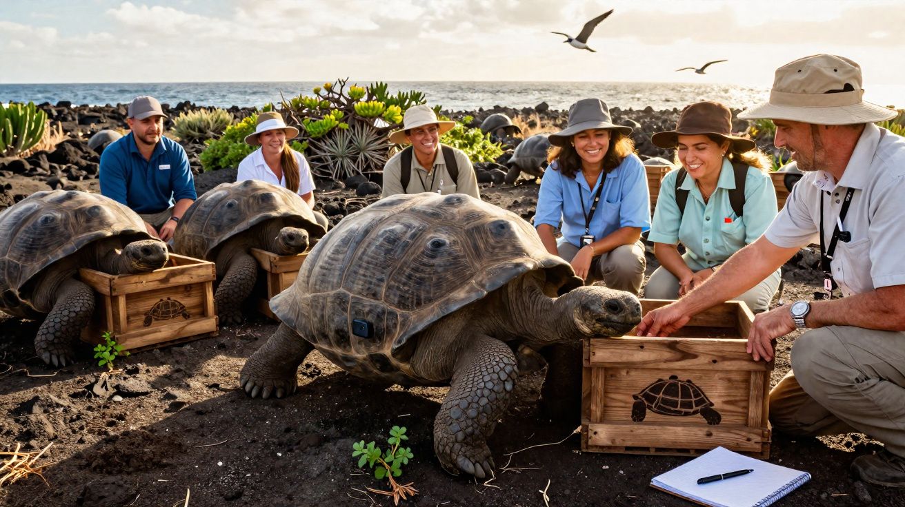 Grupo de pessoas observa tartarugas gigantes em ambiente rochoso costeiro durante atividade de conservação.
