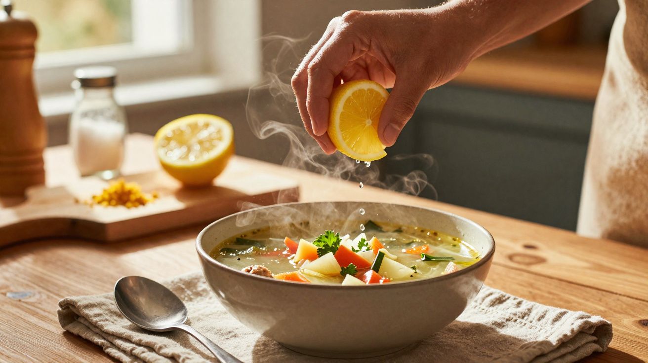 Pessoa a espremer limão numa sopa de legumes fumegante numa tigela sobre uma mesa de madeira.