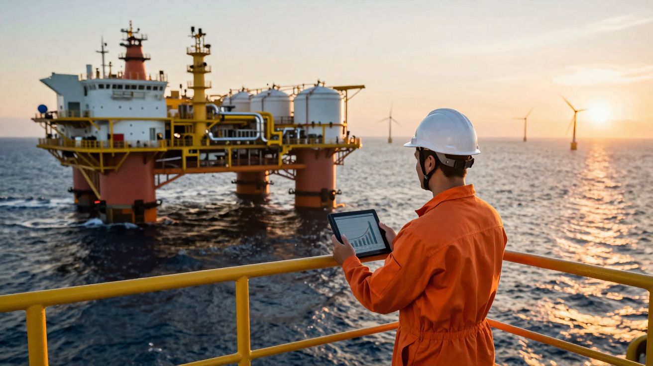 Trabalhador com fato de segurança vermelho e capacete branco observa plataforma de petróleo eólicas ao pôr do sol.