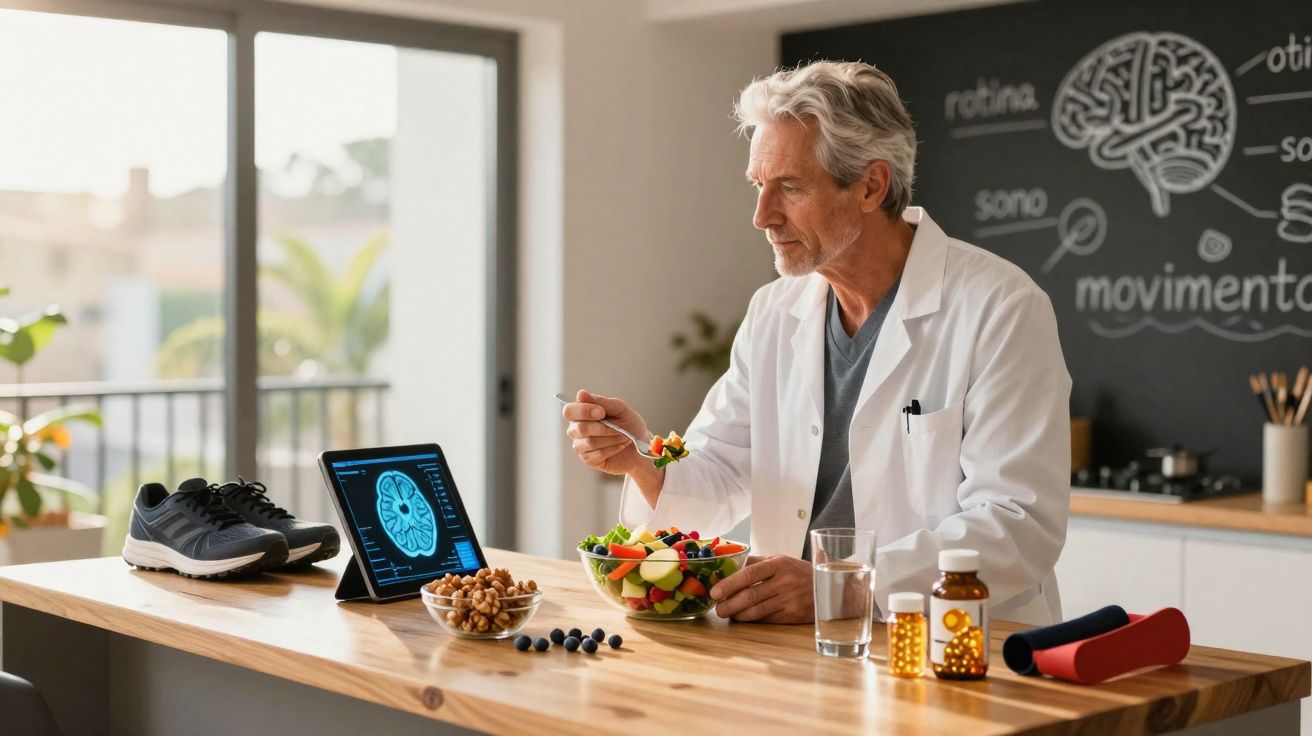 Homem de bata branca a comer salada à mesa com frutos secos, medicamentos e ecrã de cérebro digital à frente.