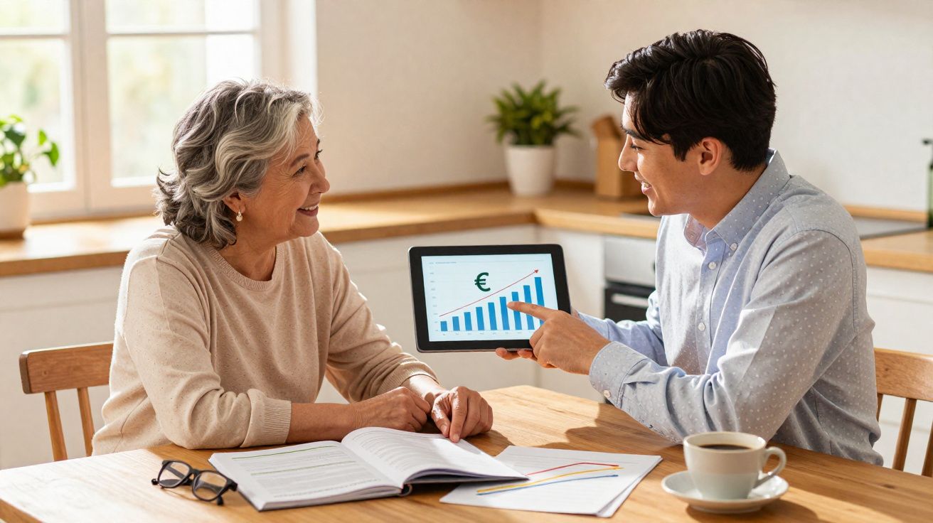 Pessoa jovem mostra gráfico de crescimento financeiro a mulher sénior numa mesa com documentos e café.