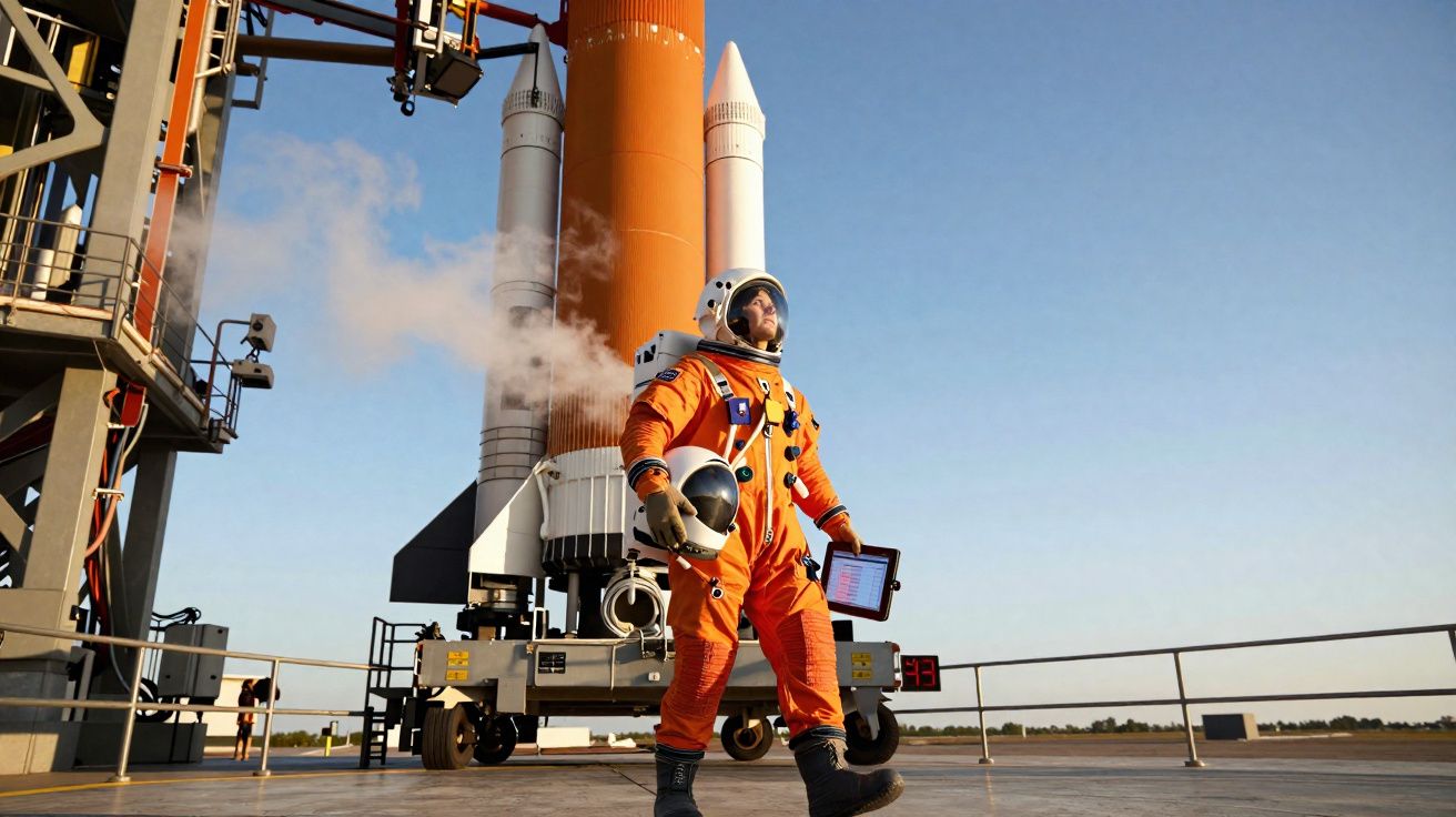 Astronauta em fato laranja com capacete na mão, posicionado em plataforma de lançamento de foguetão.