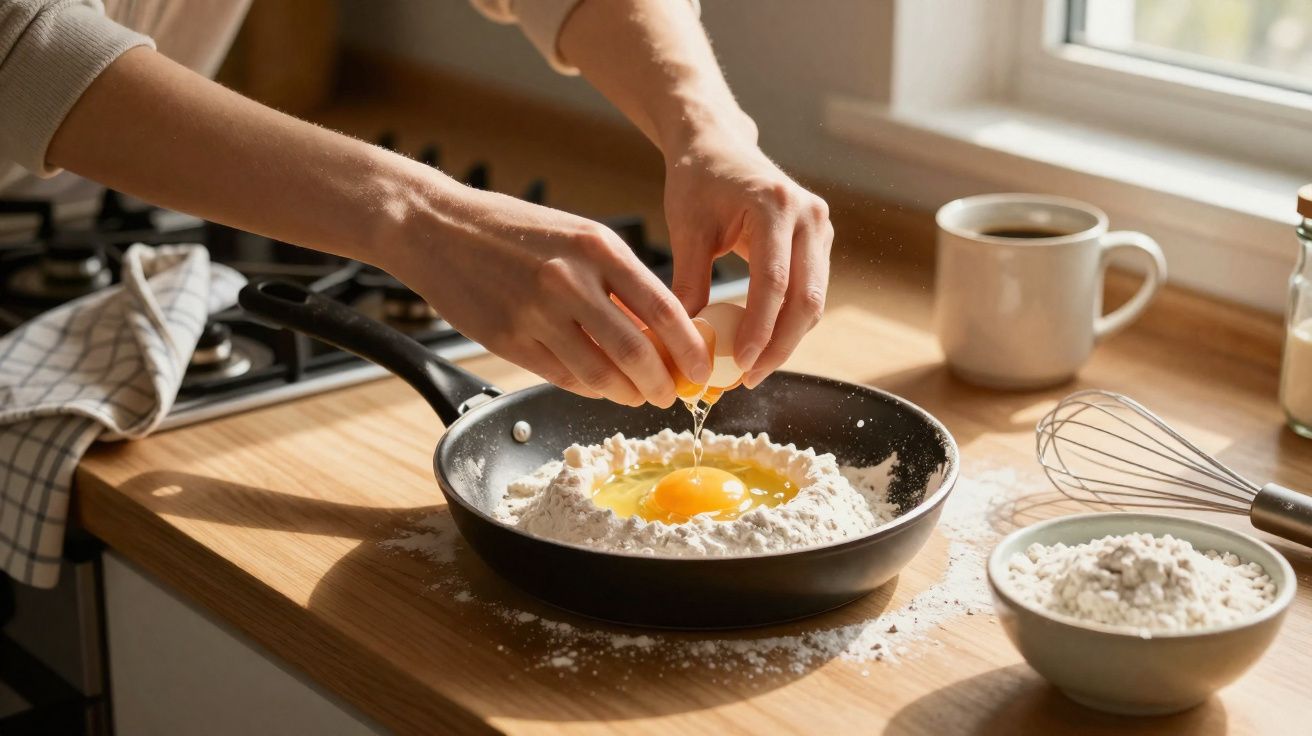Mãos a partir um ovo para uma frigideira com farinha, numa cozinha iluminada pelo sol junto a uma janela.