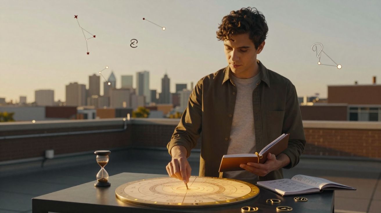 Jovem a estudar astrologia com mapa zodiacal, livros e ampulheta numa varanda ao pôr do sol.