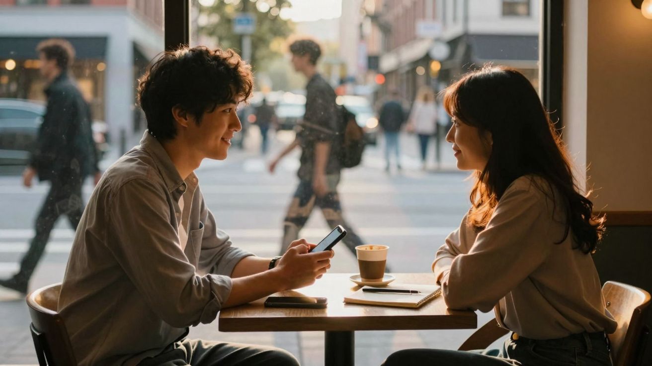 Casal jovem sentado frente a frente numa cafetaria, conversando com um telemóvel e uma chávena de café na mesa.