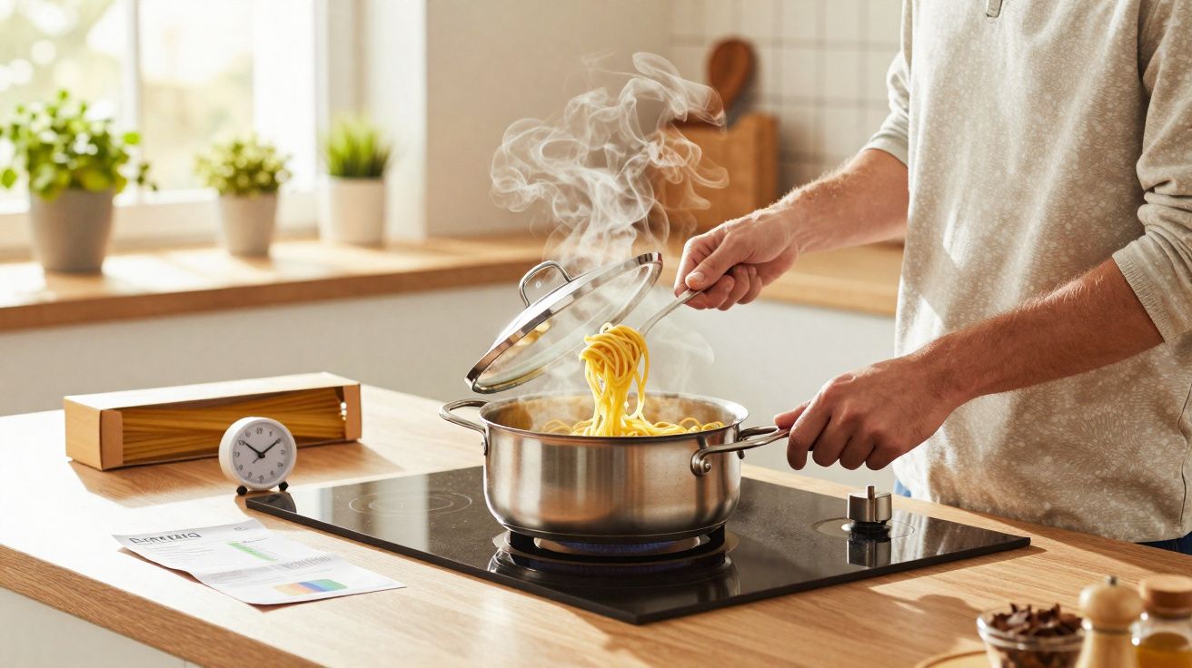 Pessoa a retirar tampa de panela com esparguete a cozer em fogão elétrico numa cozinha moderna iluminada.