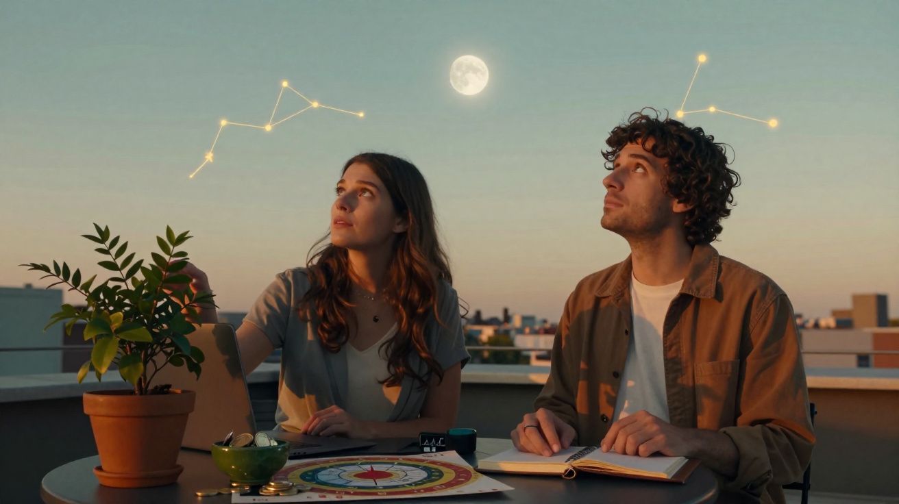 Jovem mulher e homem observam a lua cheia e constelações enquanto estudam astrologia ao ar livre ao entardecer.