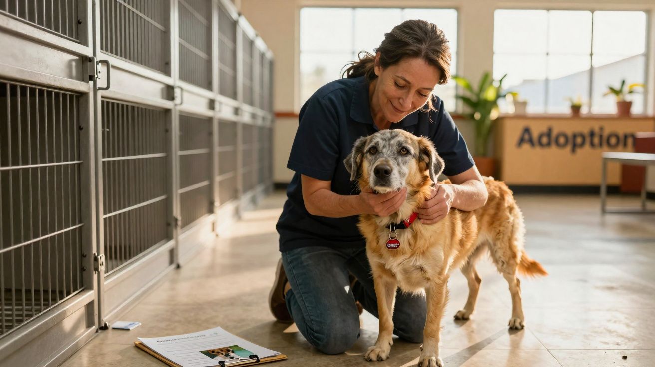 Mulher agachada a acariciar cão com coleira vermelha numa instalação de adoção de animais.