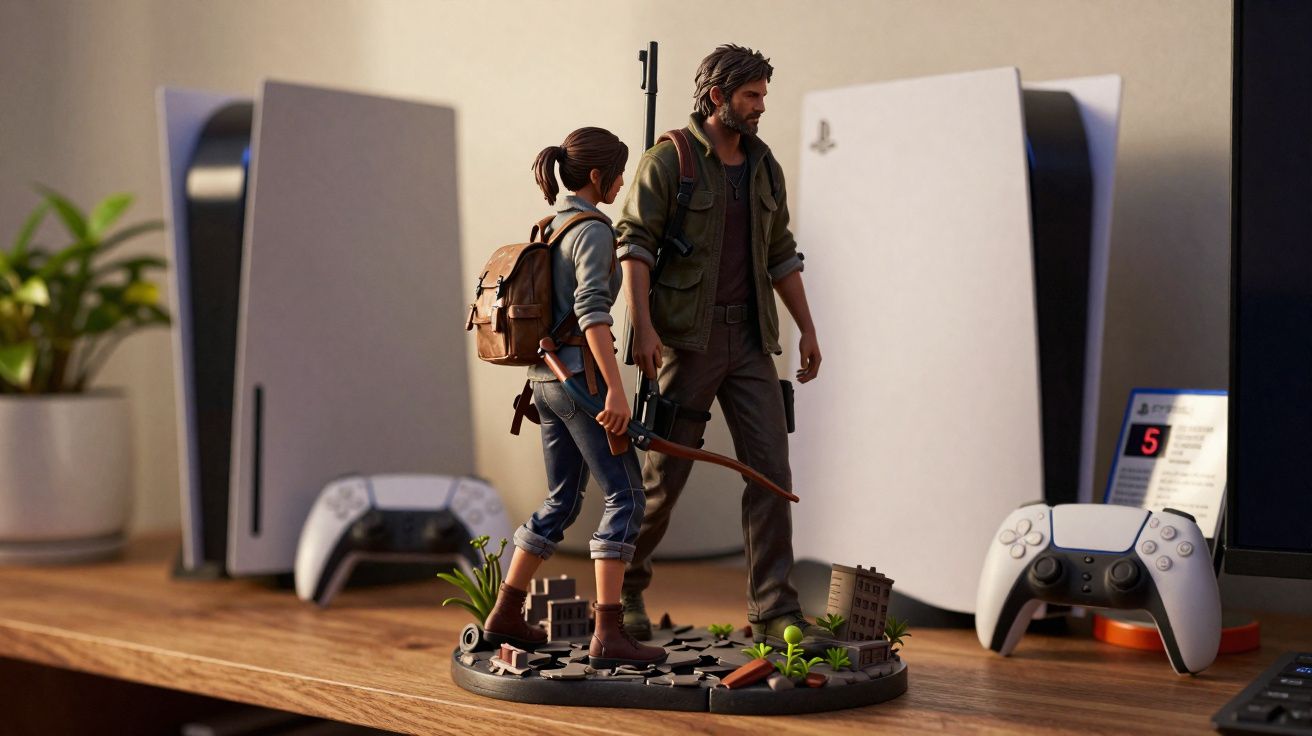 Figuras de ação do jogo The Last of Us com consolas PlayStation 5 e comandos em fundo desfocado.