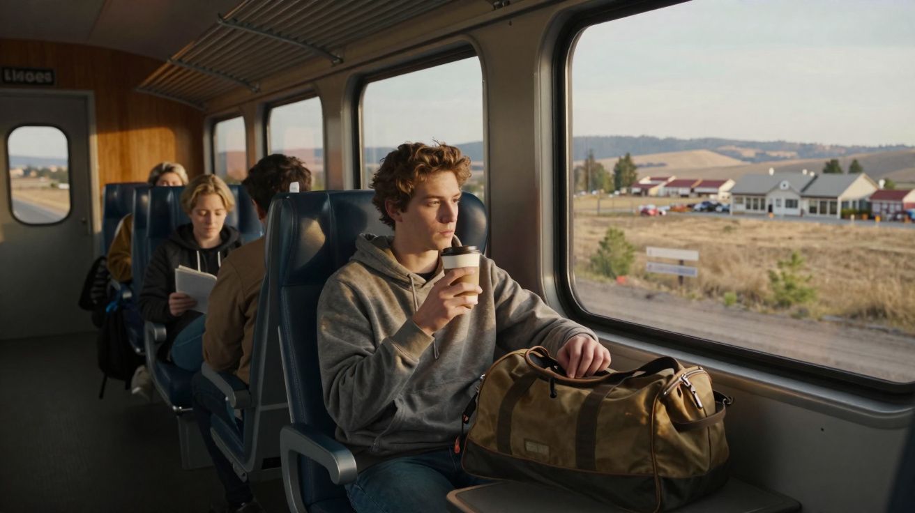 Jovem sentado num comboio a beber café, olhando pela janela para uma paisagem rural com edifícios e campos.