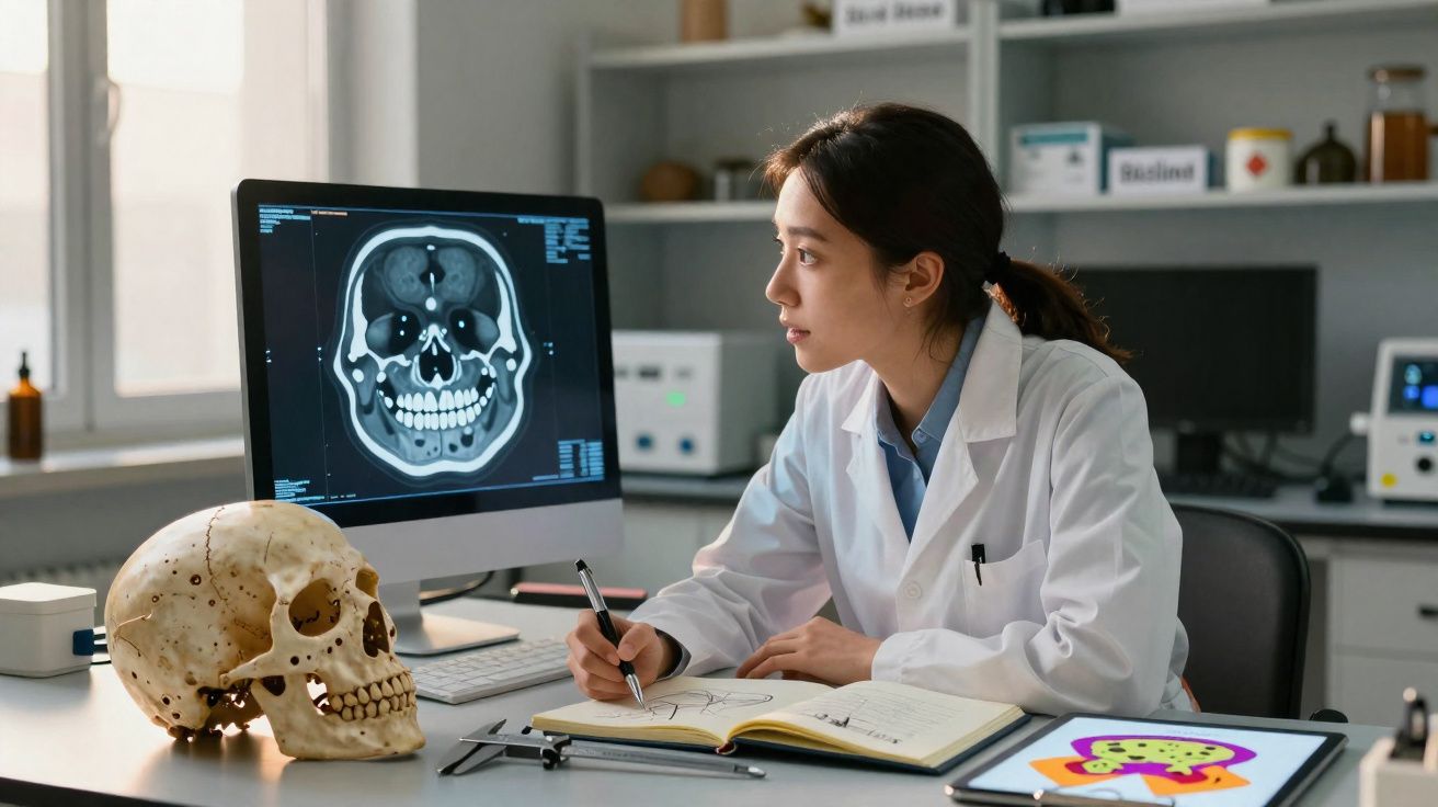 Mulher cientista em bata branca analisa radiografia de crânio no computador, com crânio artificial na mesa.