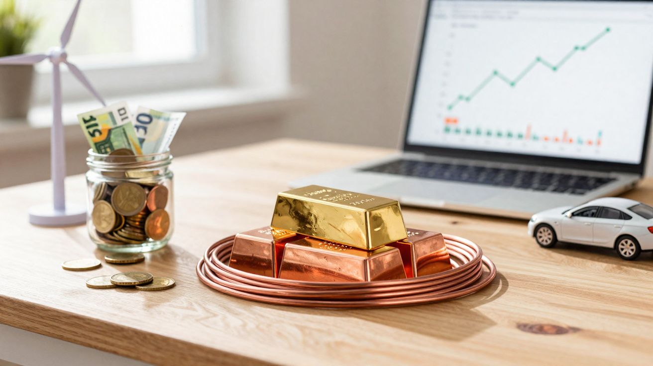 Lingotes de ouro e cobre, moedas, notas e gráfico de crescimento financeiro num computador portátil.