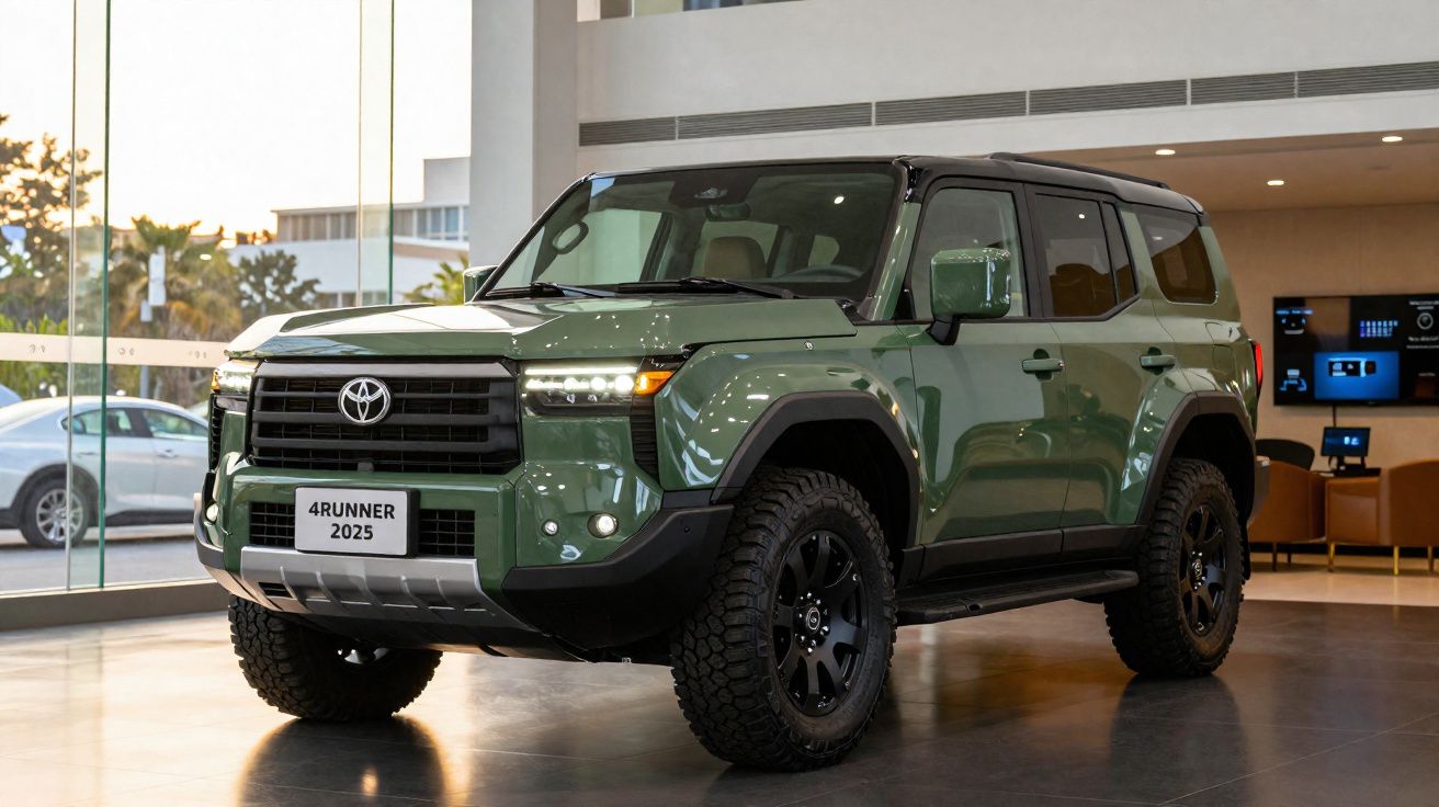 SUV Toyota 4Runner 2025 verde com teto preto exposto em showroom moderno.