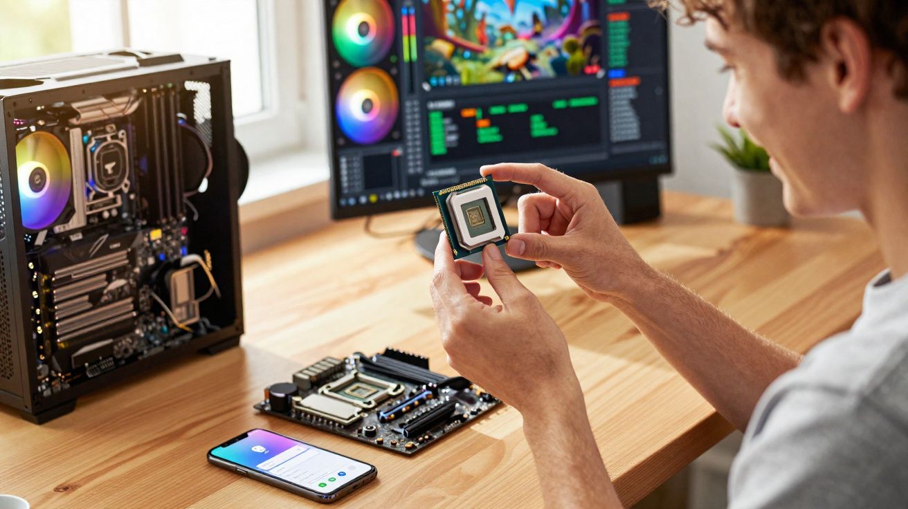 Pessoa a instalar processador numa motherboard com computador, monitor e smartphone numa secretária de madeira clara.