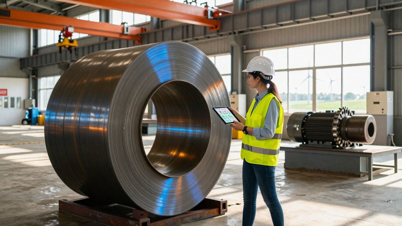Mulher com capacete e colete refletor verifica dados num tablet ao lado de grande bobina de metal numa fábrica.