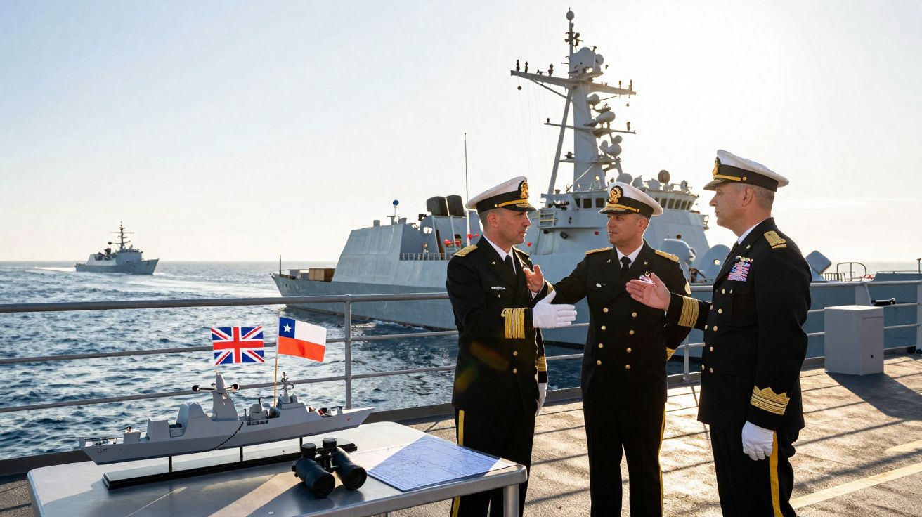 Três oficiais da marinha discutem a bordo de um navio com um modelo e outros navios ao fundo.