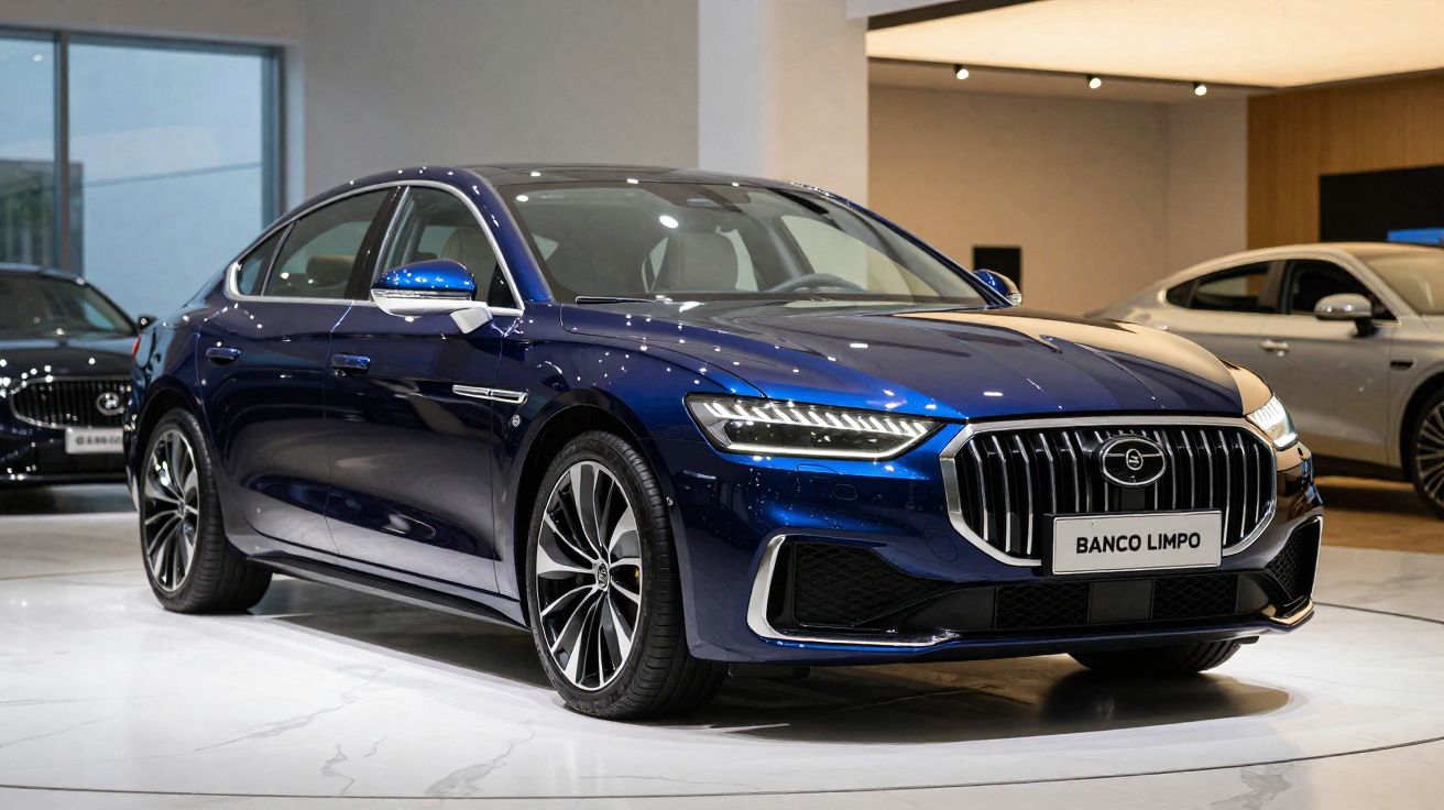 Carro sedan desportivo azul escuro exibido numa sala de exposição moderna com iluminação suave.