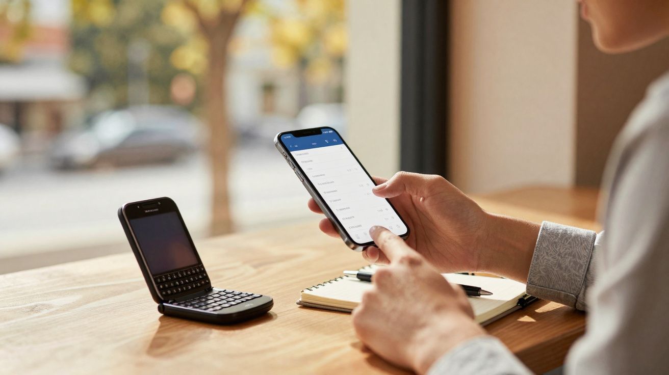 Pessoa a usar um smartphone moderno com um telemóvel antigo em mesa de madeira junto a um caderno e caneta.