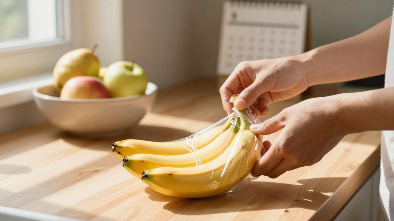 Mãos a embrulhar um cacho de bananas com plástico transparente numa bancada de cozinha iluminada.