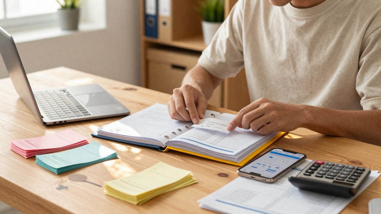 Pessoa a estudar e a fazer contas com livro, telemóvel, calculadora e computador portátil numa secretária de madeira.