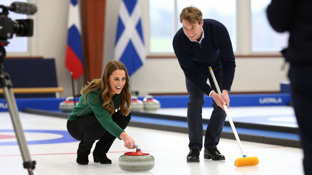 Casal joga curling em pista interior, ele a varrer e ela a lançar pedra de gelo, ambos sorridentes.