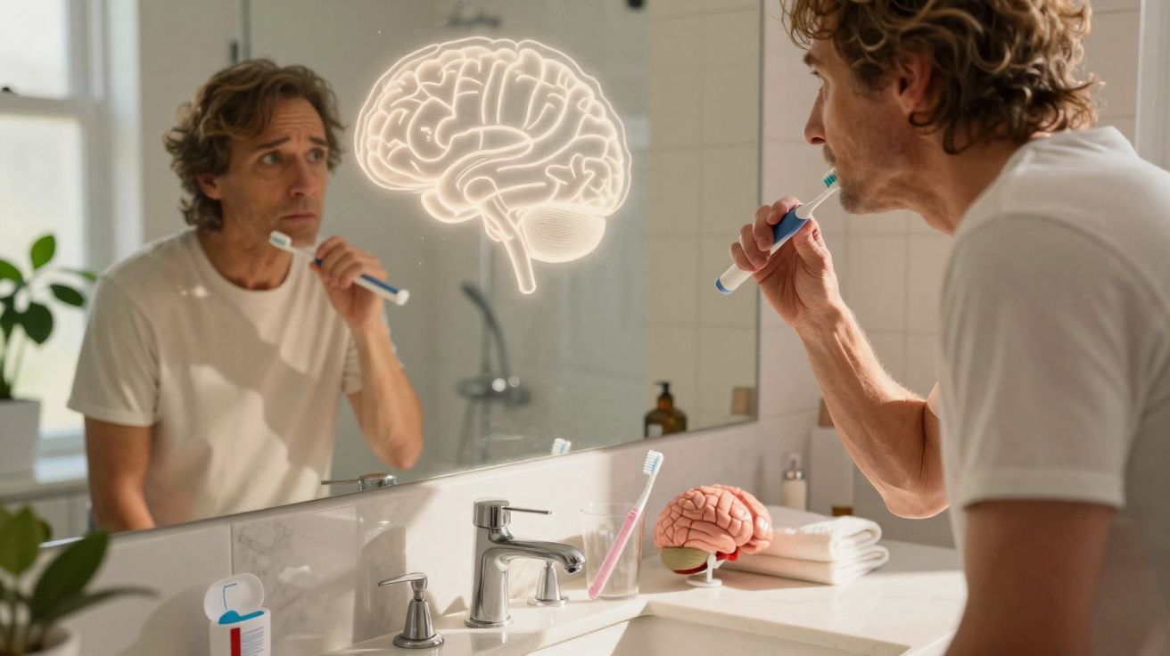 Homem a escovar os dentes em frente ao espelho com imagem digital de cérebro iluminado e modelo de cérebro na bancada.