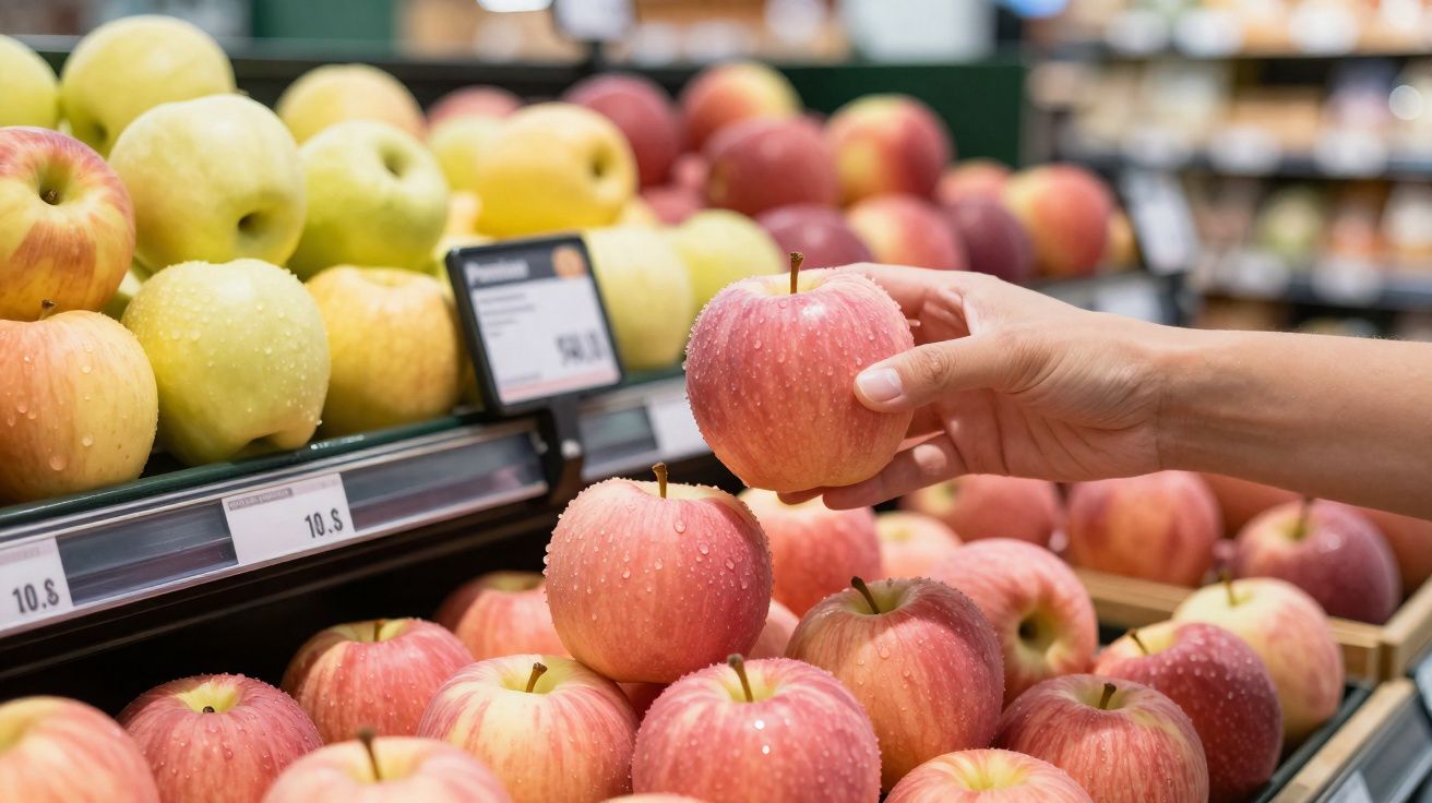Mão a escolher maçã vermelha fresca numa bancadas de frutas no supermercado com maçãs verdes ao fundo.