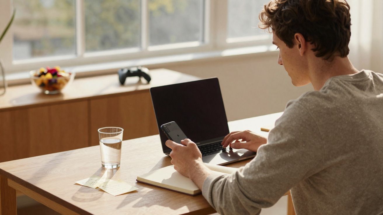 Homem sentado numa mesa a usar um telemóvel e um computador portátil num espaço luminoso.