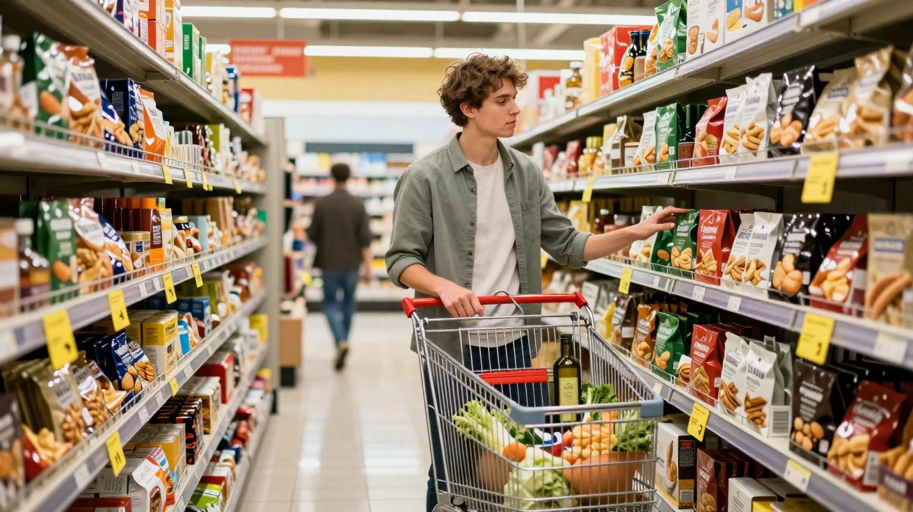 Jovem a escolher produtos na prateleira de supermercado, com carrinho cheio de legumes e azeite.