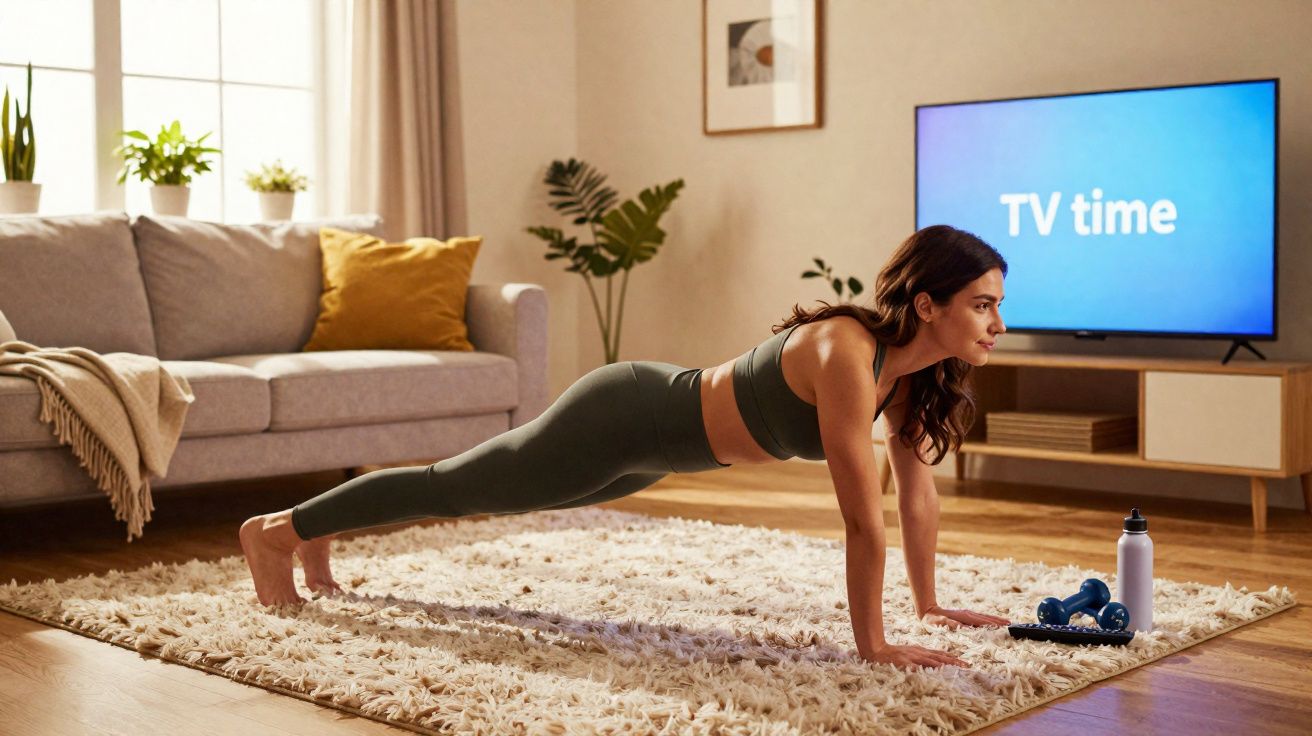 Mulher a fazer prancha no tapete da sala com televisão ligada e pesos ao lado.