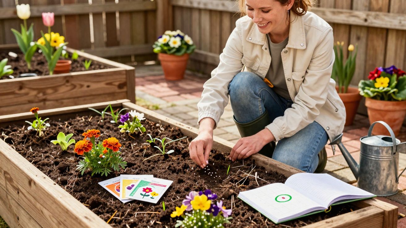 Mulher a plantar sementes numa horta elevada com pacotes de sementes e caderno aberto ao lado, sorridente.