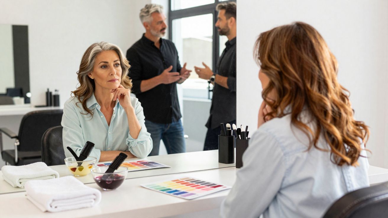 Mulher madura a olhar-se ao espelho num salão de cabeleireiro com duas pessoas ao fundo a conversar.