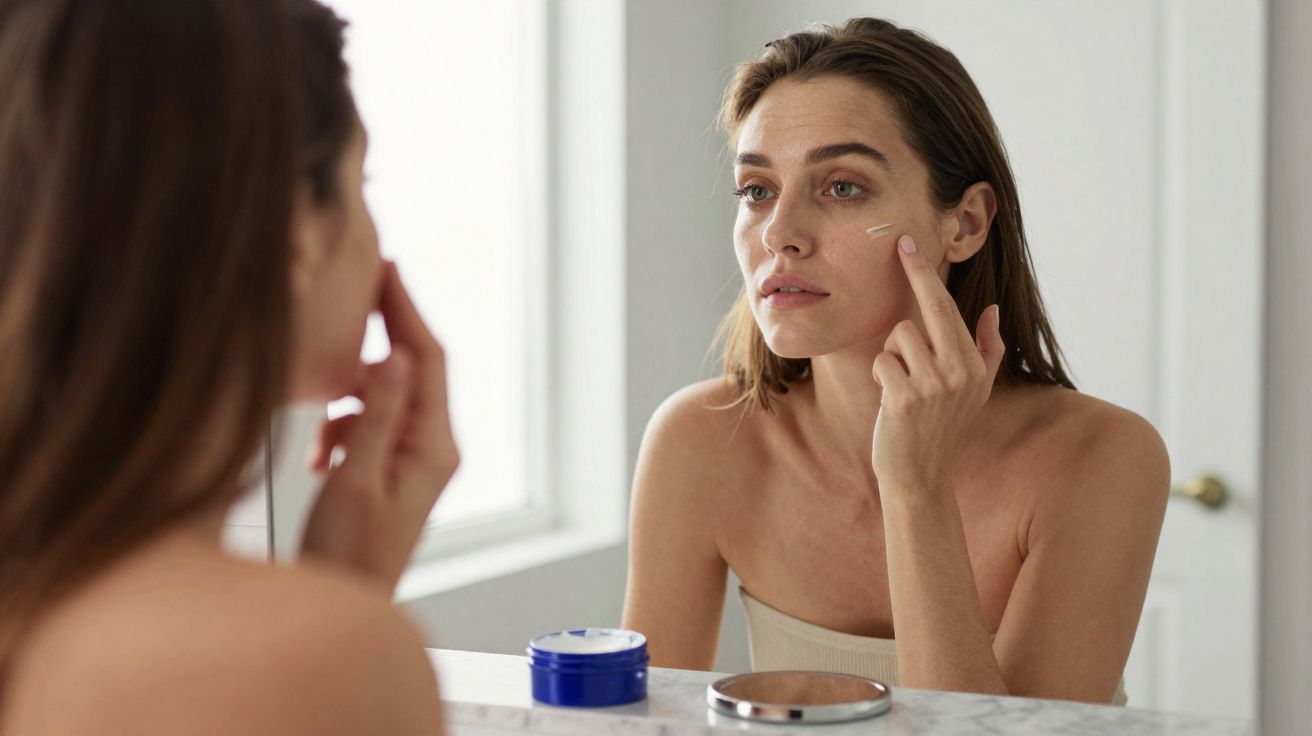 Mulher aplica creme no rosto em frente a um espelho numa casa de banho iluminada.