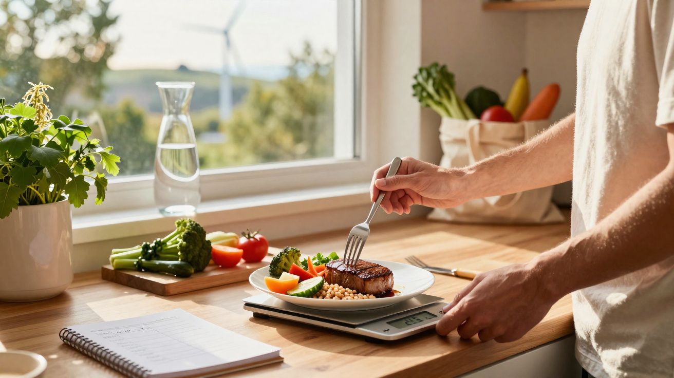 Pessoa a medir porção de carne com garfo numa balança de cozinha, rodeada de legumes frescos e jarro de água.