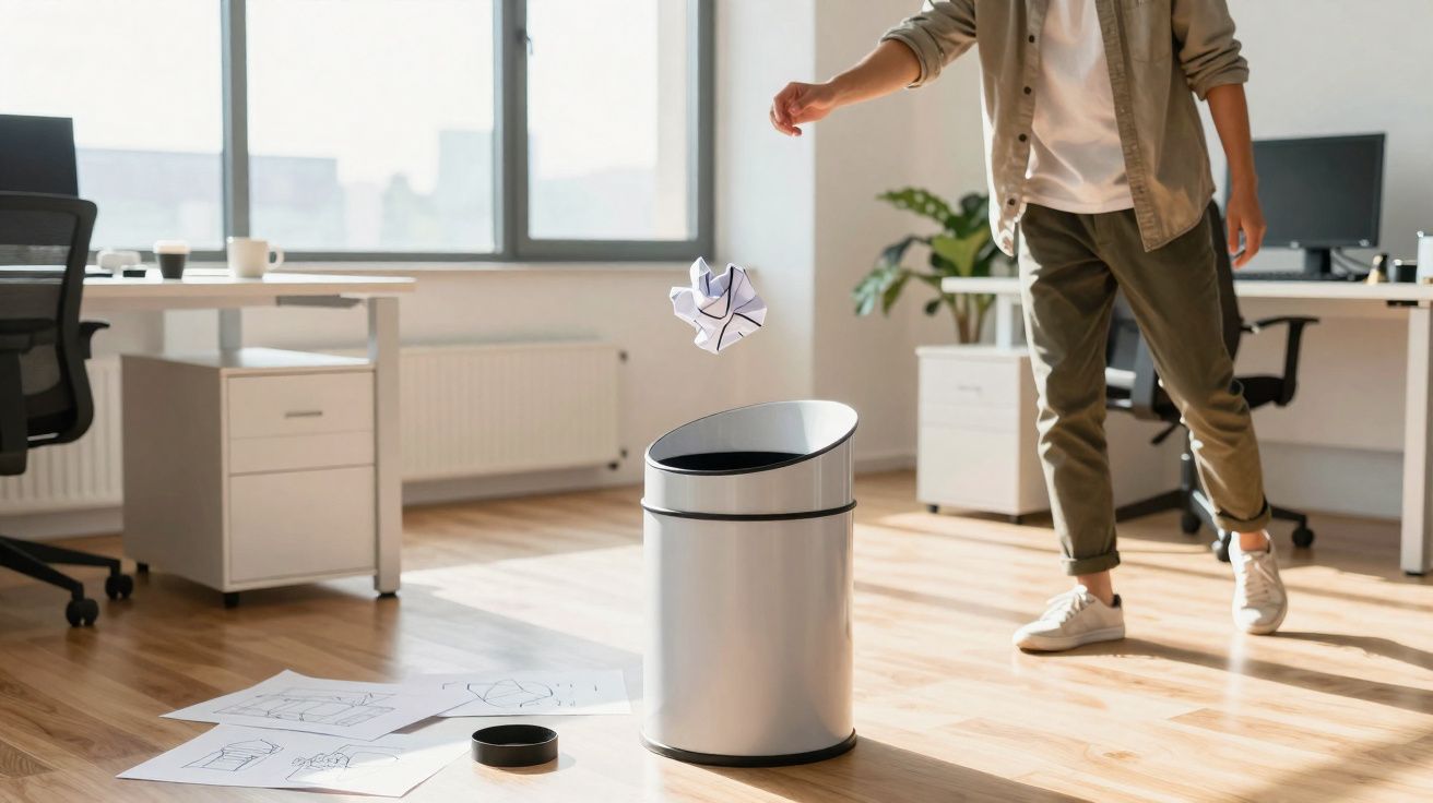 Pessoa a tentar atirar uma folha de papel amassada para um caixote do lixo num escritório moderno.