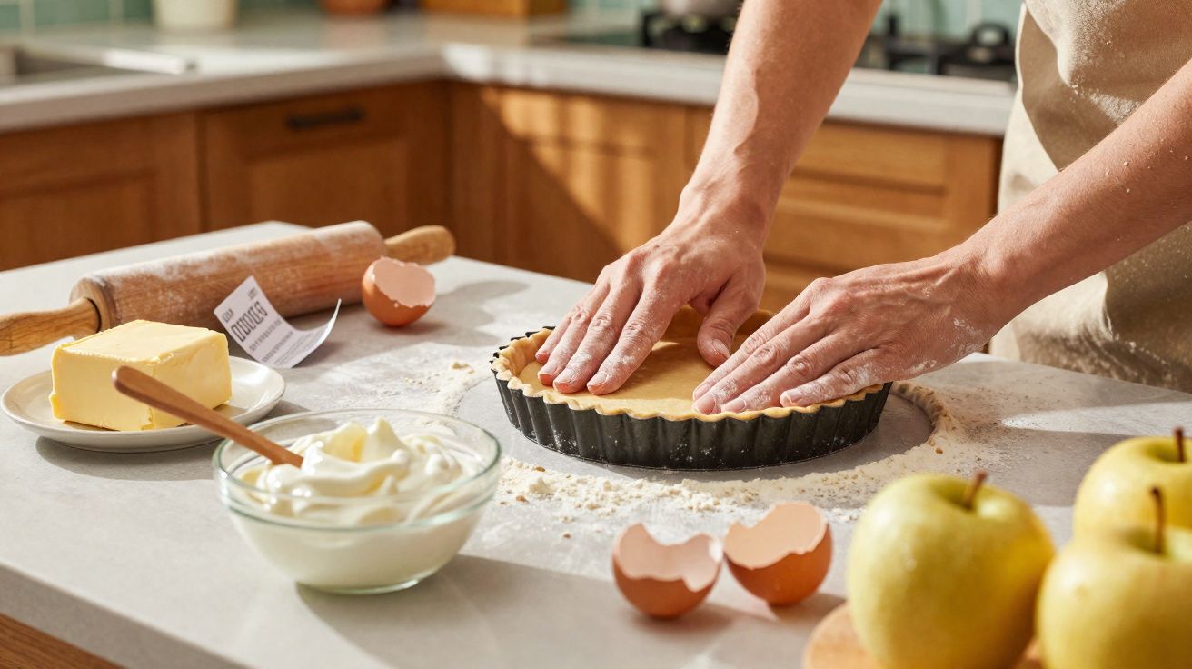 Mãos a preparar massa numa forma de tarte numa cozinha com ingredientes como maçãs, ovos, manteiga e natas.