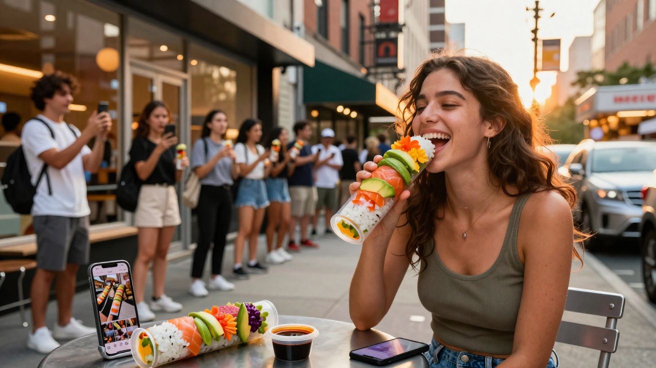 Jovem a sorrir enquanto come sushi em copo, com grupo de pessoas a tirar fotos numa rua movimentada.