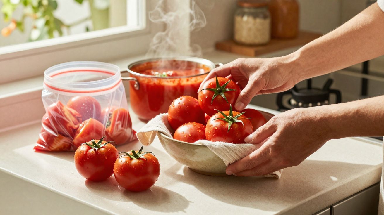 Mãos a colocar tomates frescos numa tigela de cerâmica num balcão de cozinha com sopa no fogão ao fundo.
