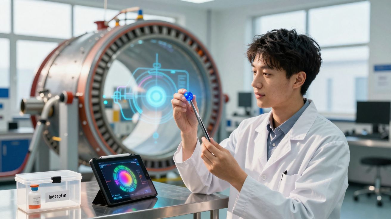 Cientista em laboratório a analisar modelo atómico com equipamento de alta tecnologia e ecrã digital.