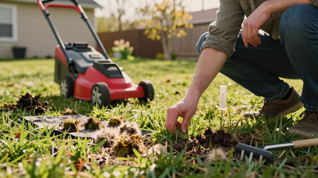 Pessoa a remover ervas daninhas num jardim com corta-relvas vermelho ao fundo num dia de sol.