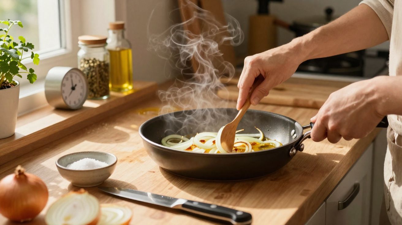 Pessoa a cozinhar cebolas numa frigideira com vapor a sair, numa cozinha iluminada pelo sol.