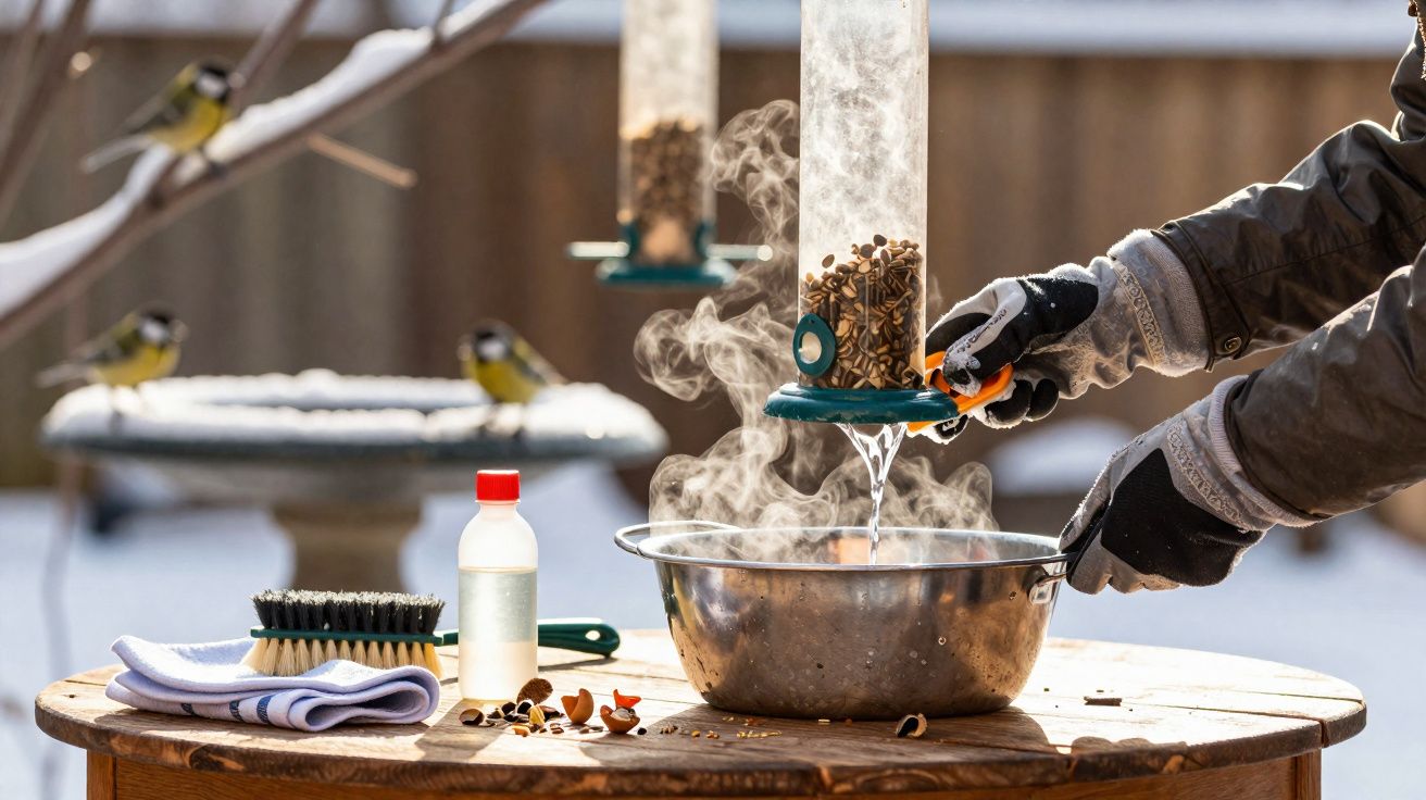 Pessoa a limpar com água quente um alimentador de pássaros num dia frio de inverno.